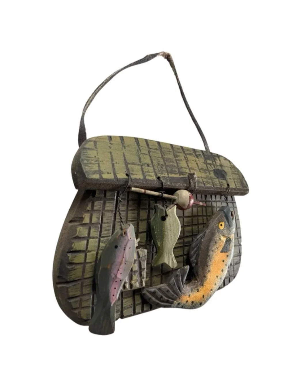 Vintage Fishing Basket Wall Decor With Fish & Tackle Accents Rustic Cabin Style